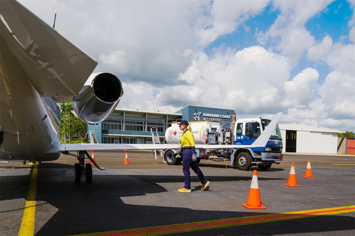 Refueling a private jet at an airport as part of aircraft management service.