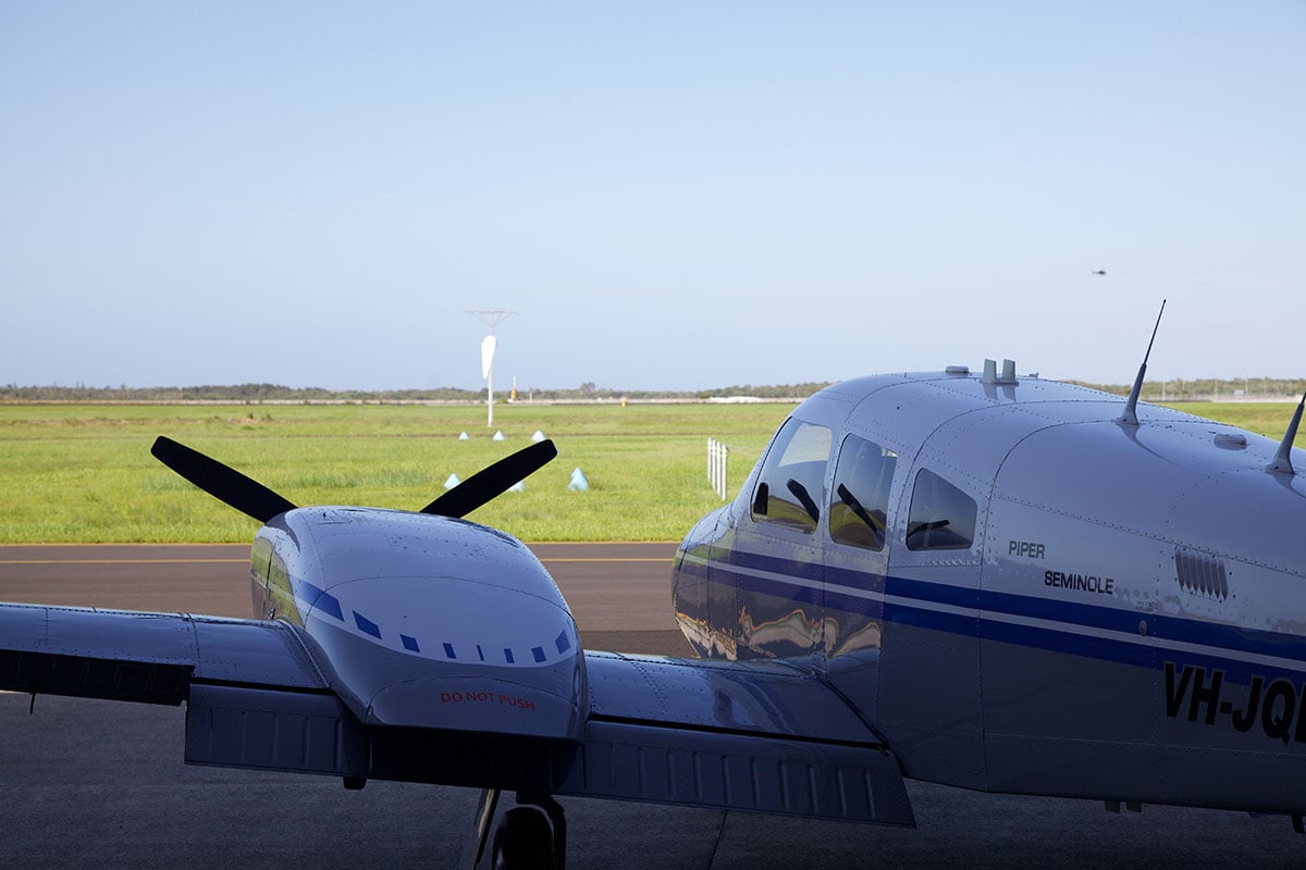 A parked Piper Seminole aircraft as part of multi engine training at Flight Options in Australia
